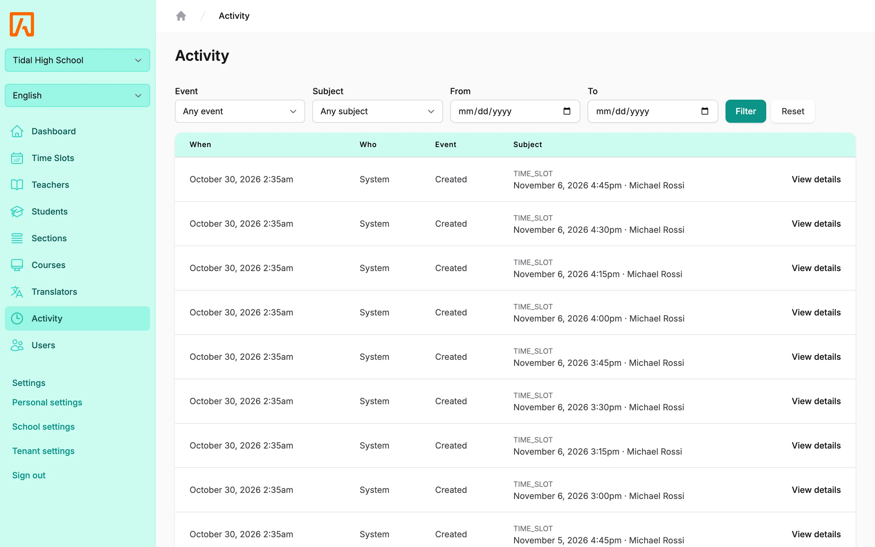 Activity log table with When, Who, Event and Subject columns and filters above it