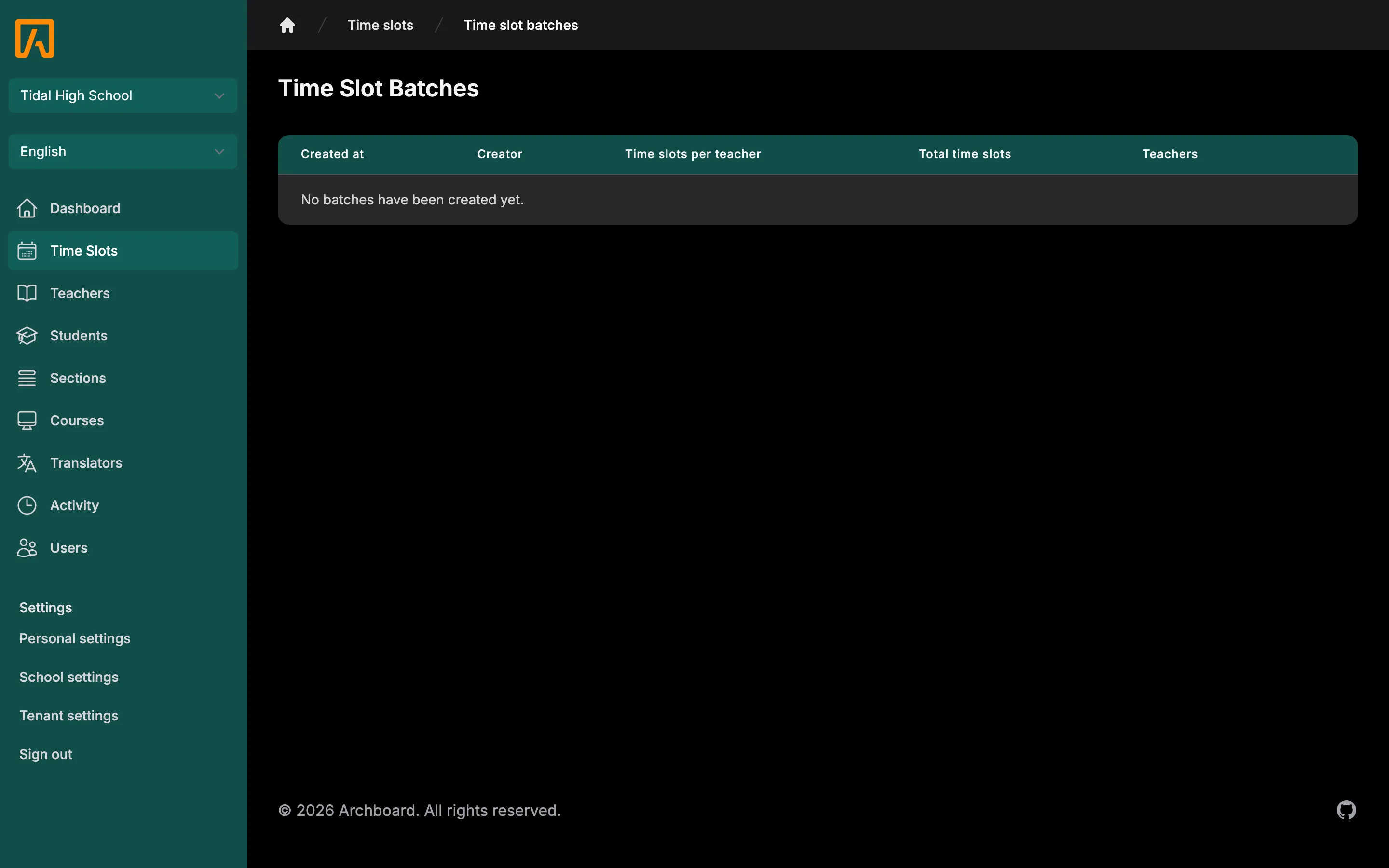 Time slot batches table with created date, creator, slot counts and teachers