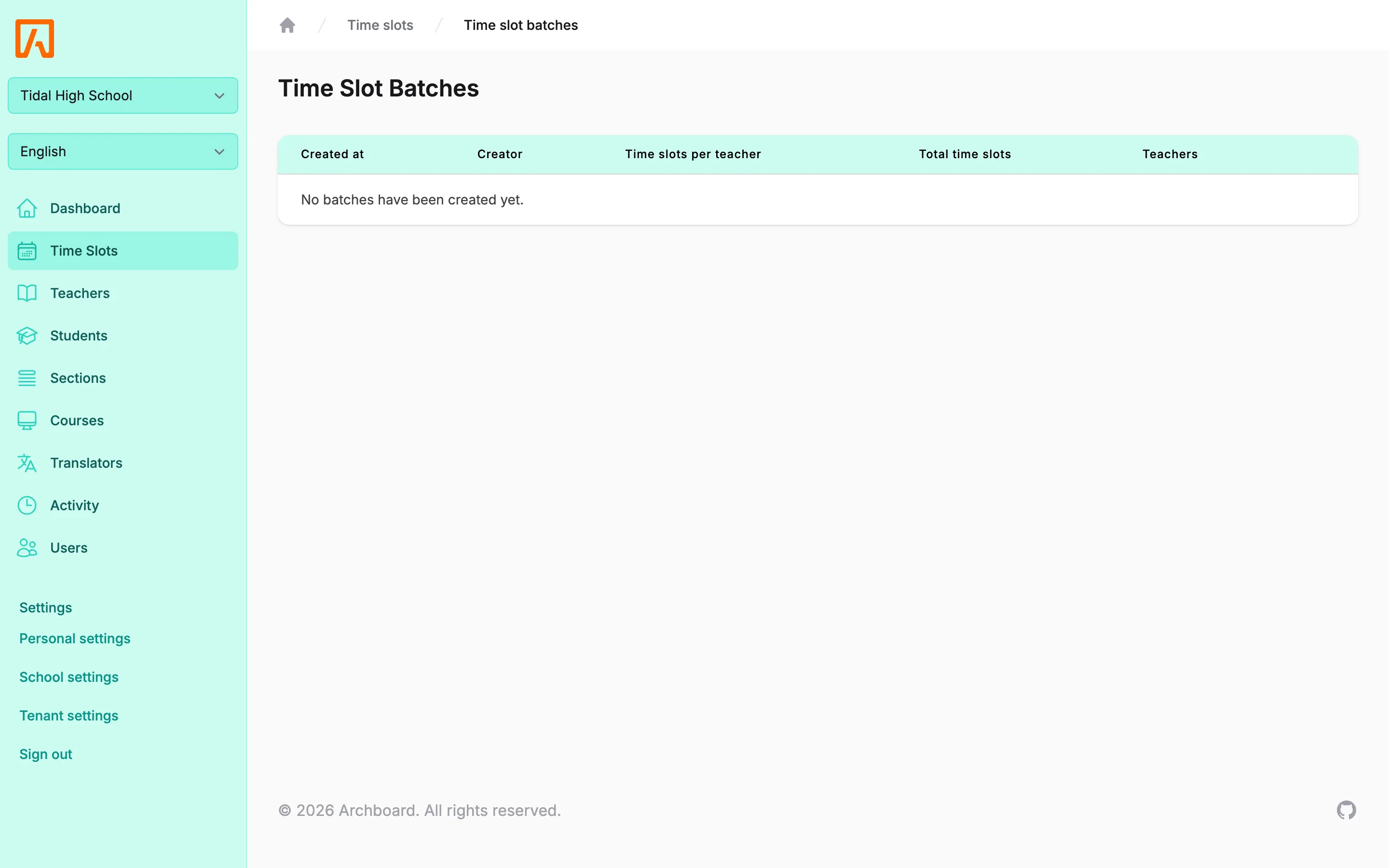 Time slot batches table with created date, creator, slot counts and teachers