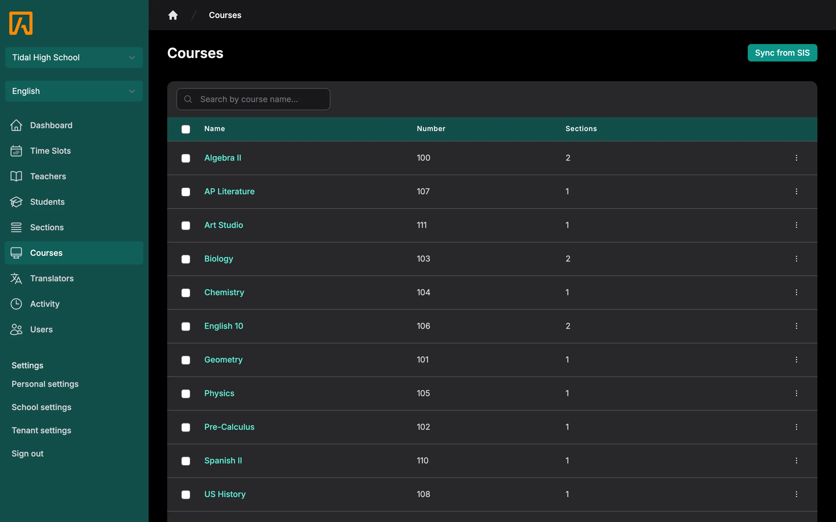 Courses list with name, number and section count columns