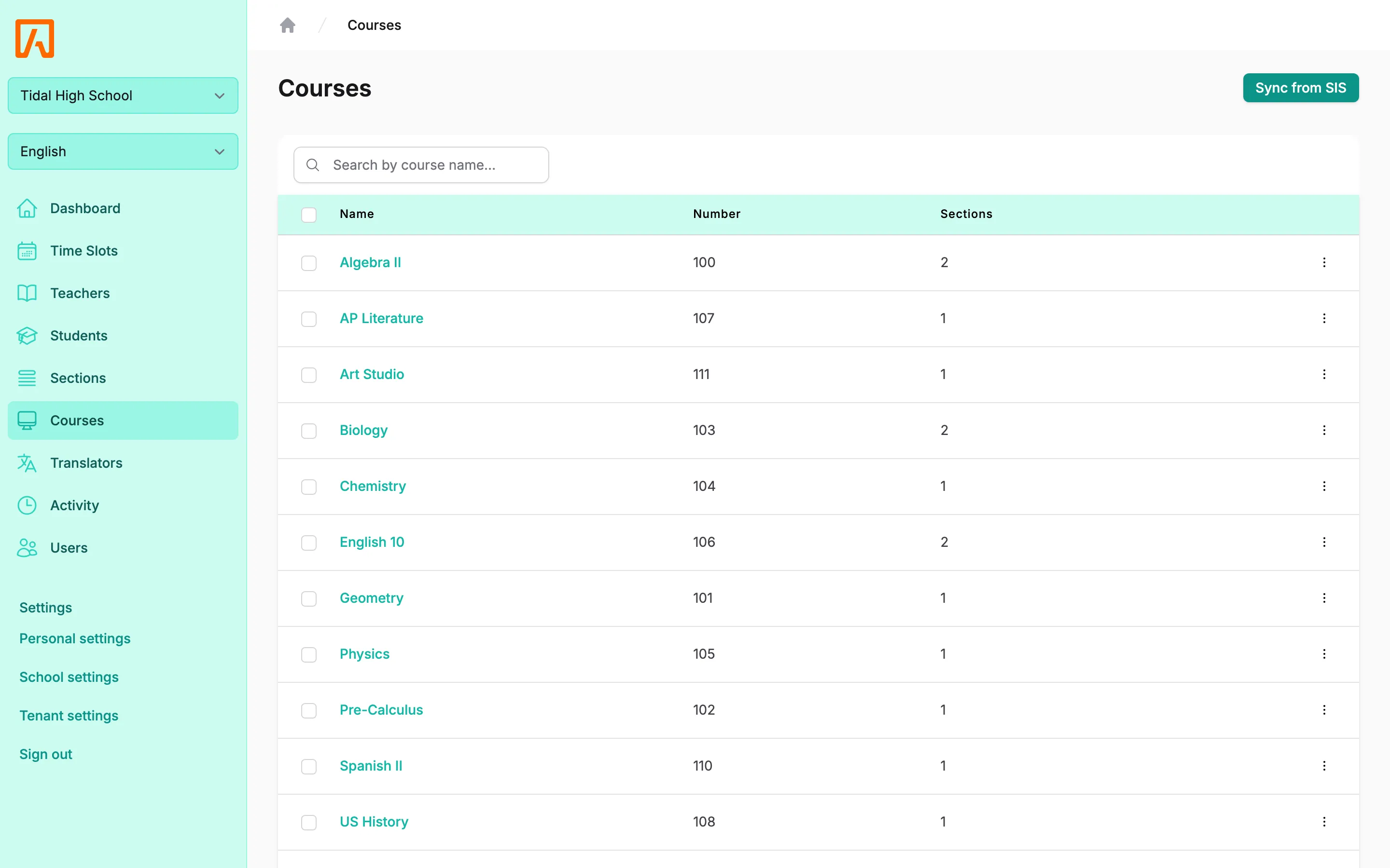 Courses list with name, number and section count columns