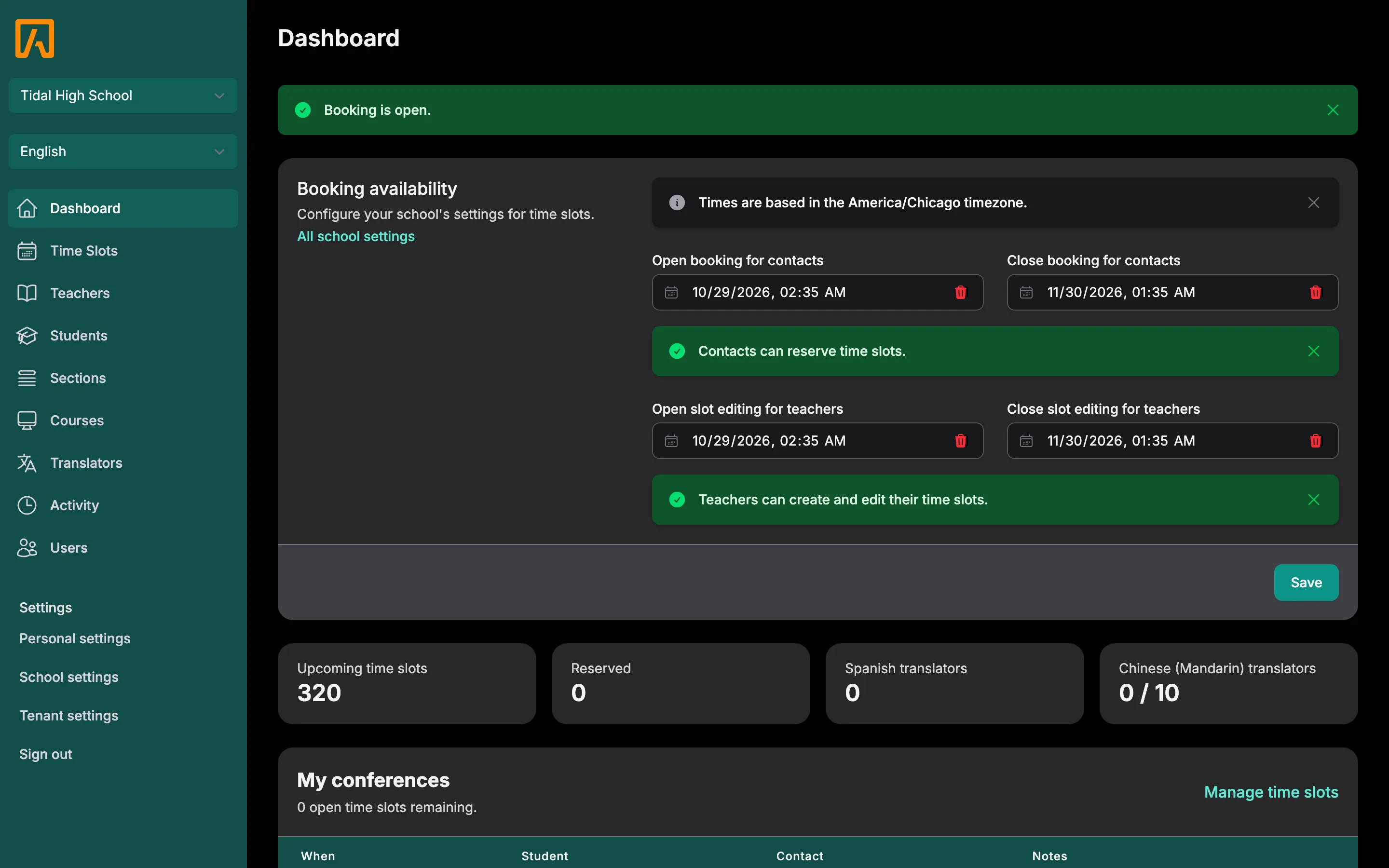 The admin dashboard with booking status, booking settings and counts of upcoming and reserved time slots