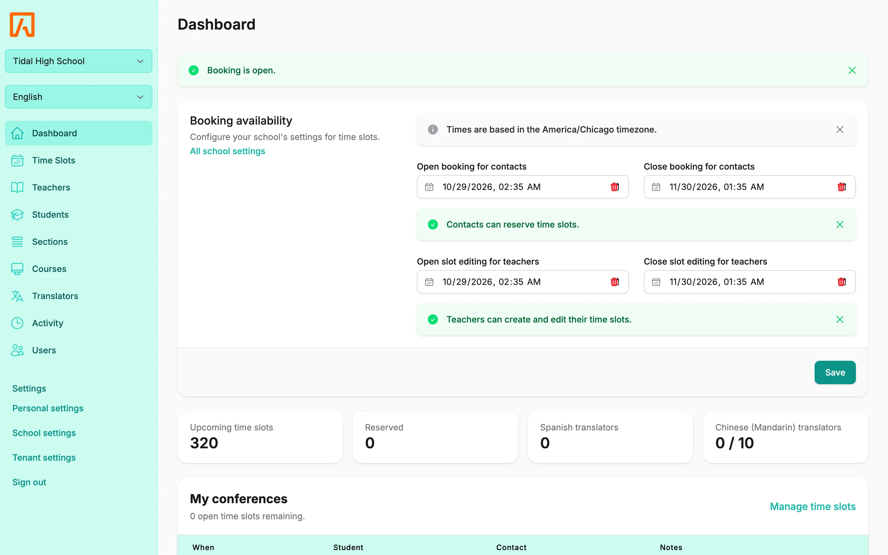 The admin dashboard with booking status, booking settings and counts of upcoming and reserved time slots