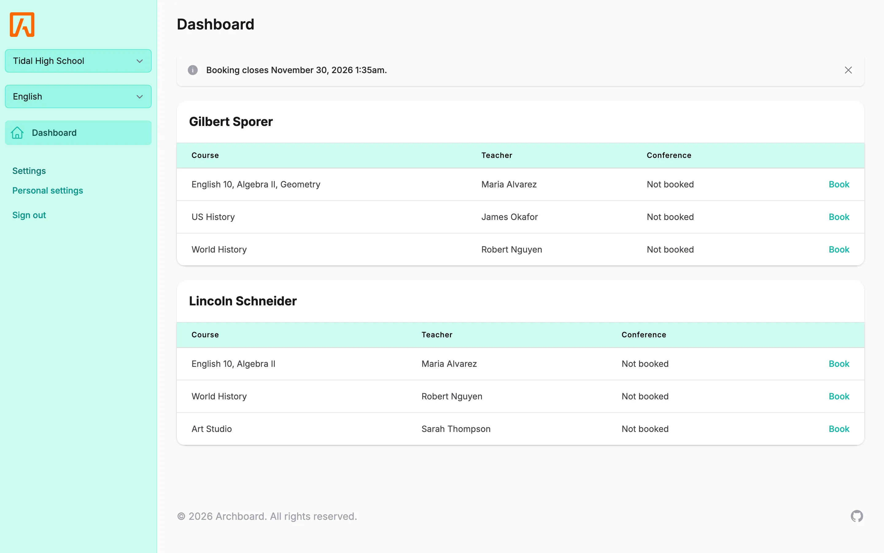 A guardian's dashboard listing each student's teachers with a Book link next to every teacher who has open time slots