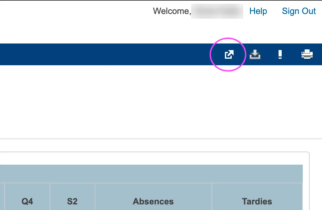 The PowerSchool parent portal header with the Applications icon circled in the blue bar