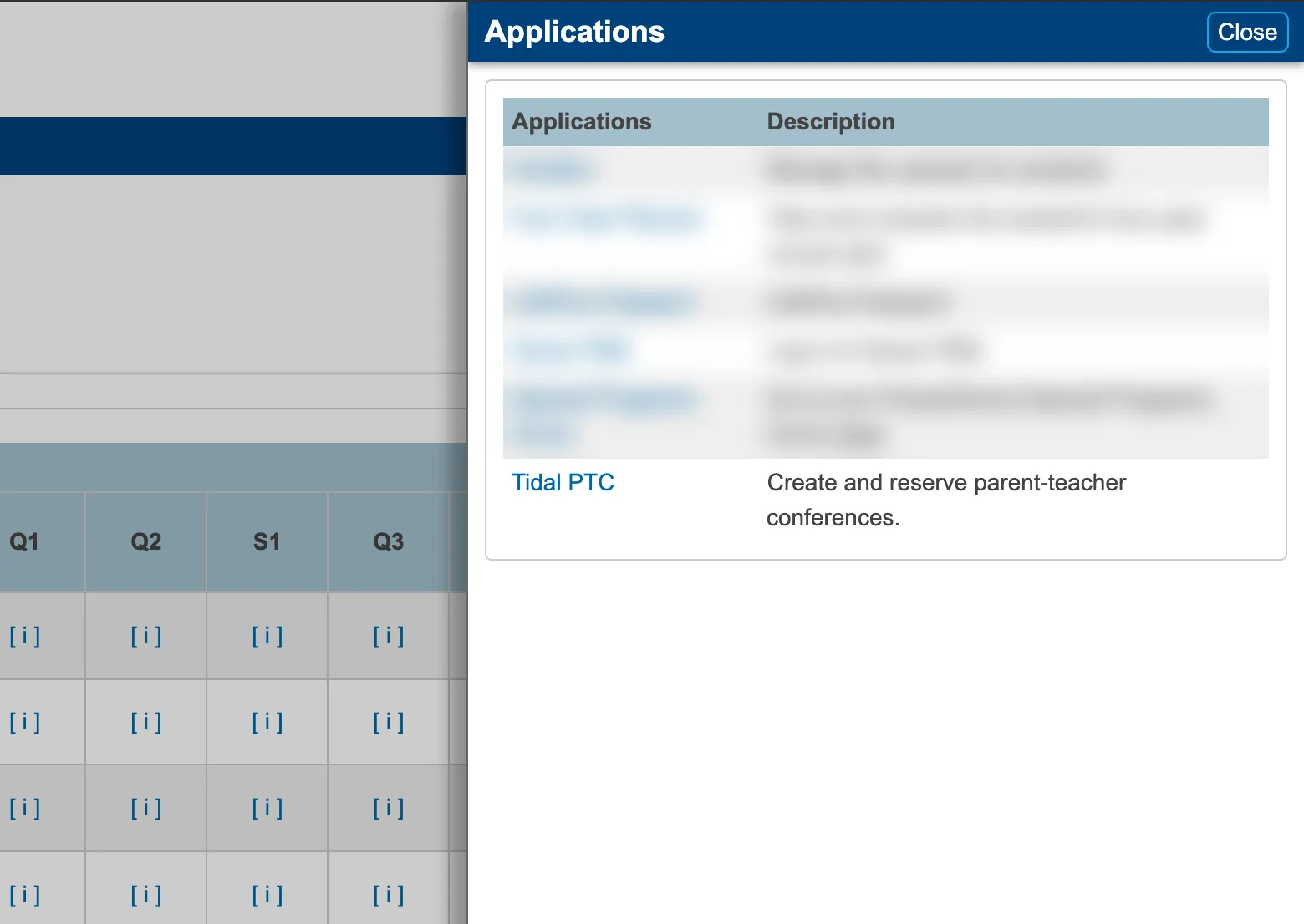 The PowerSchool parent portal Applications panel listing Tidal PTC