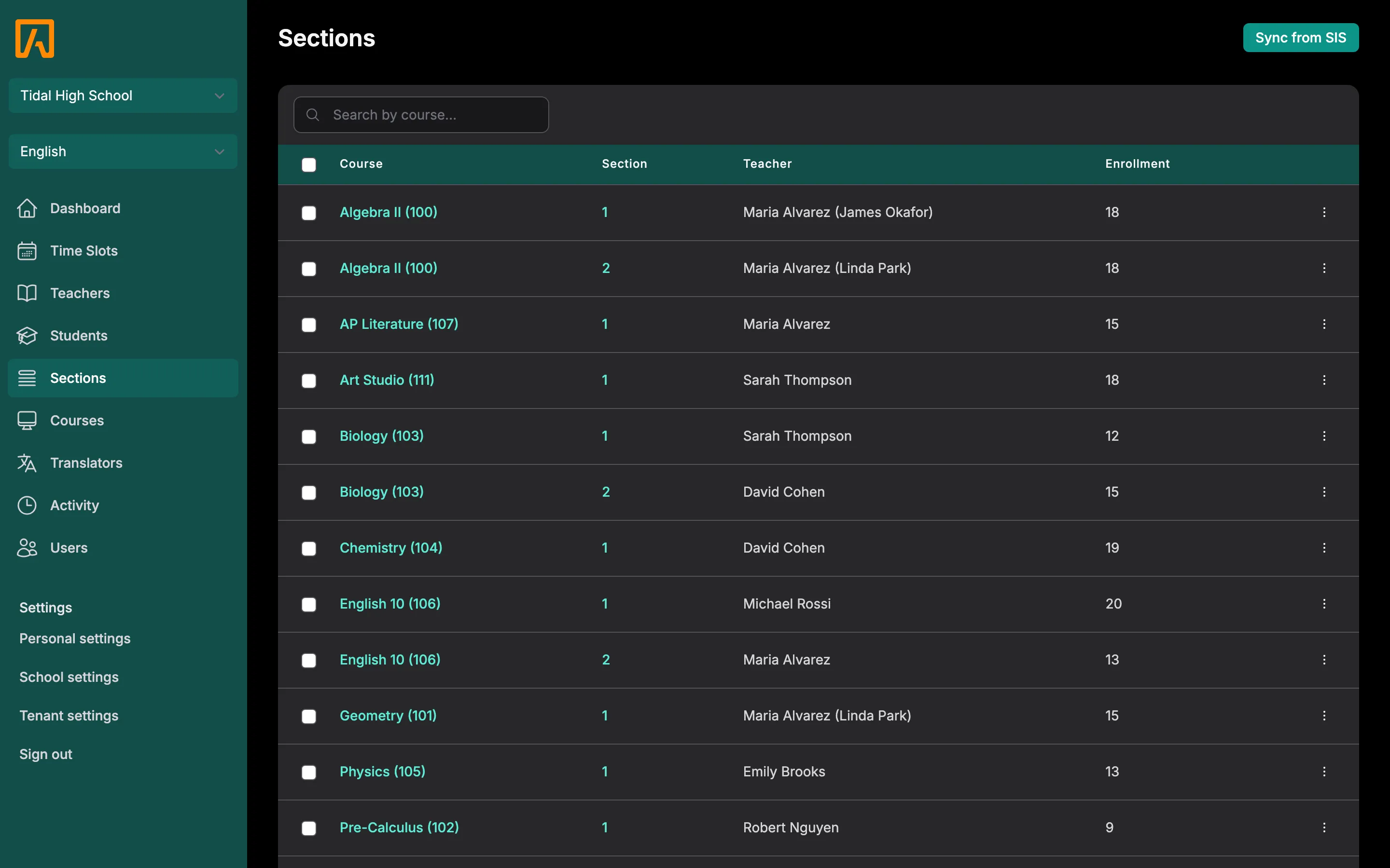 Sections list with course, section, teacher and enrollment columns