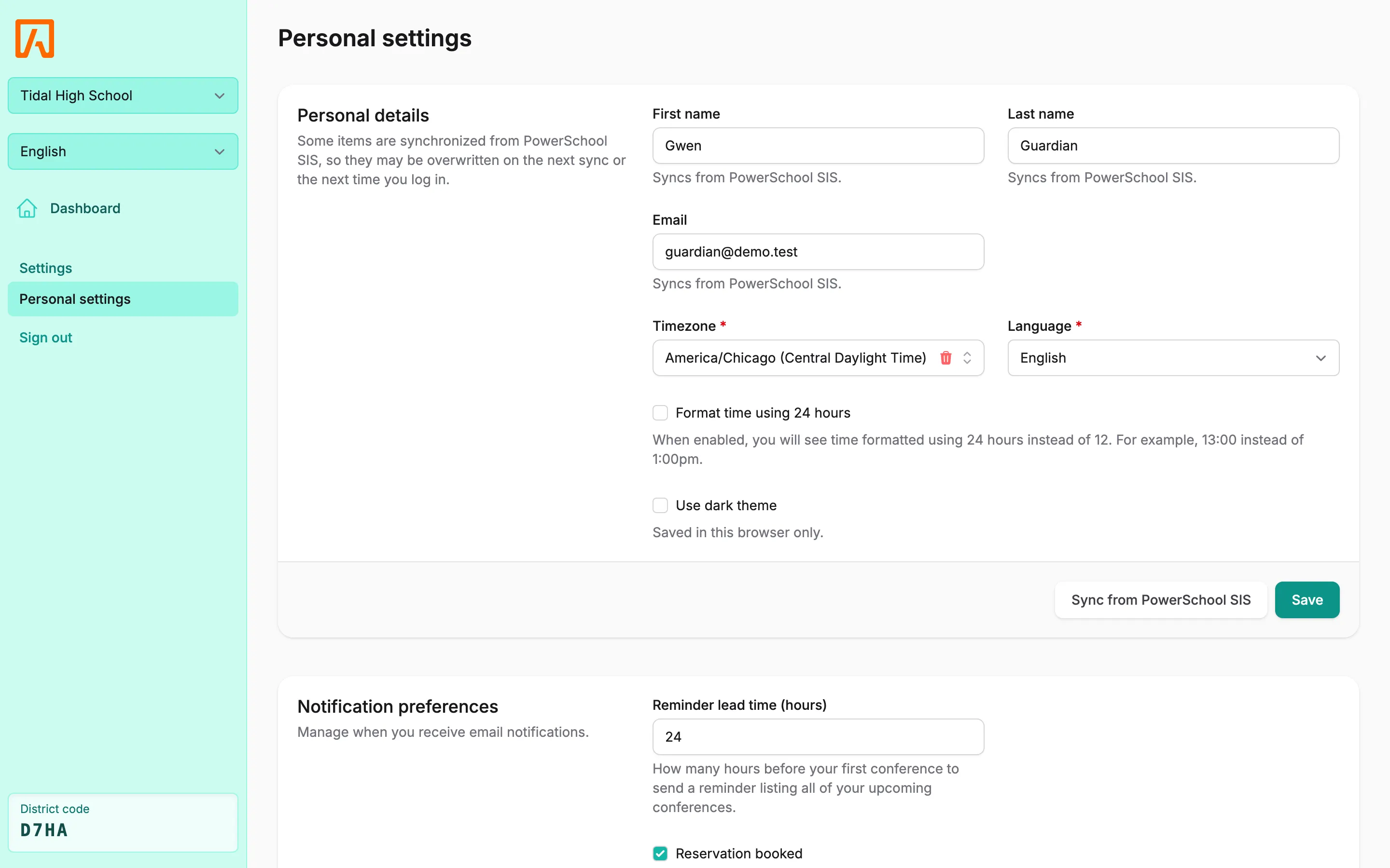 Personal settings for a parent showing the Notification preferences section with reminder lead time and email checkboxes