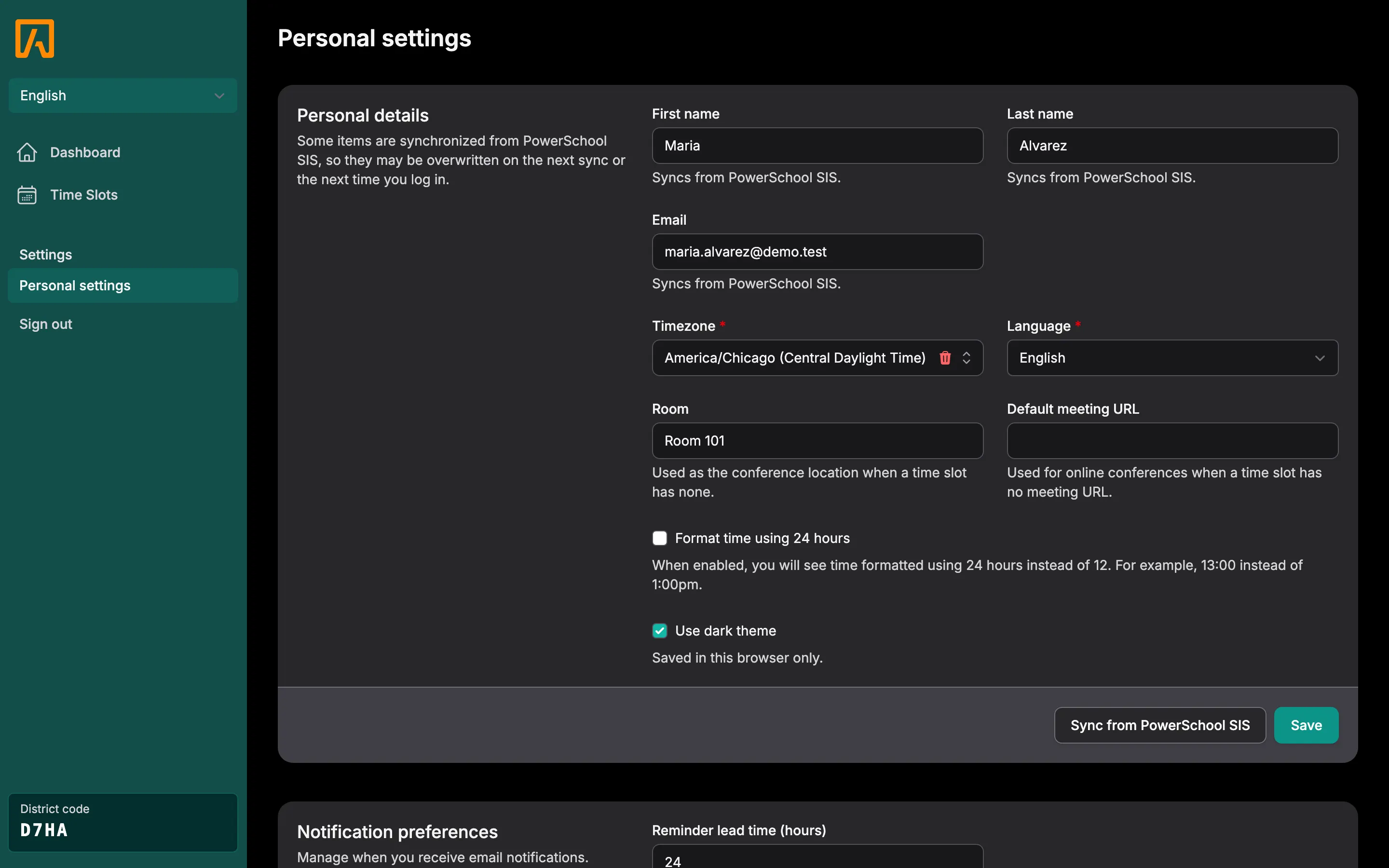 Personal settings for a teacher showing Personal details and the Notification preferences section