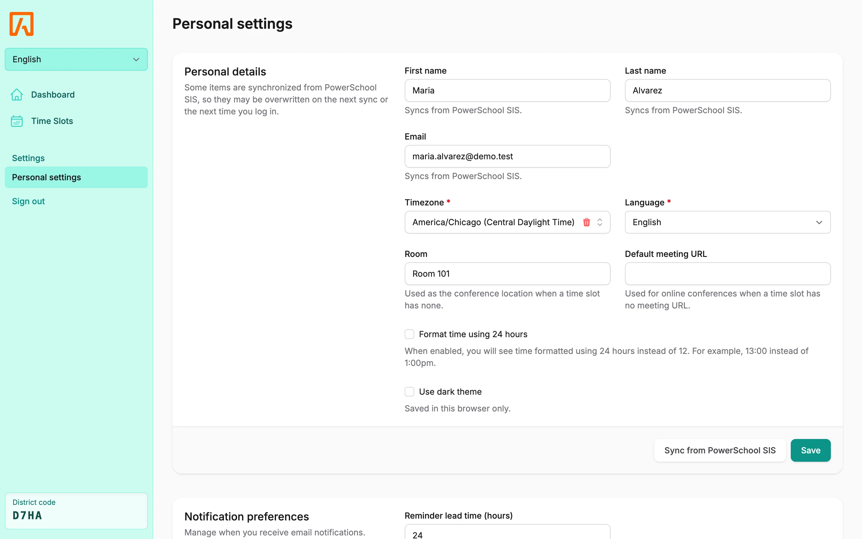 Personal settings for a teacher showing Personal details and the Notification preferences section