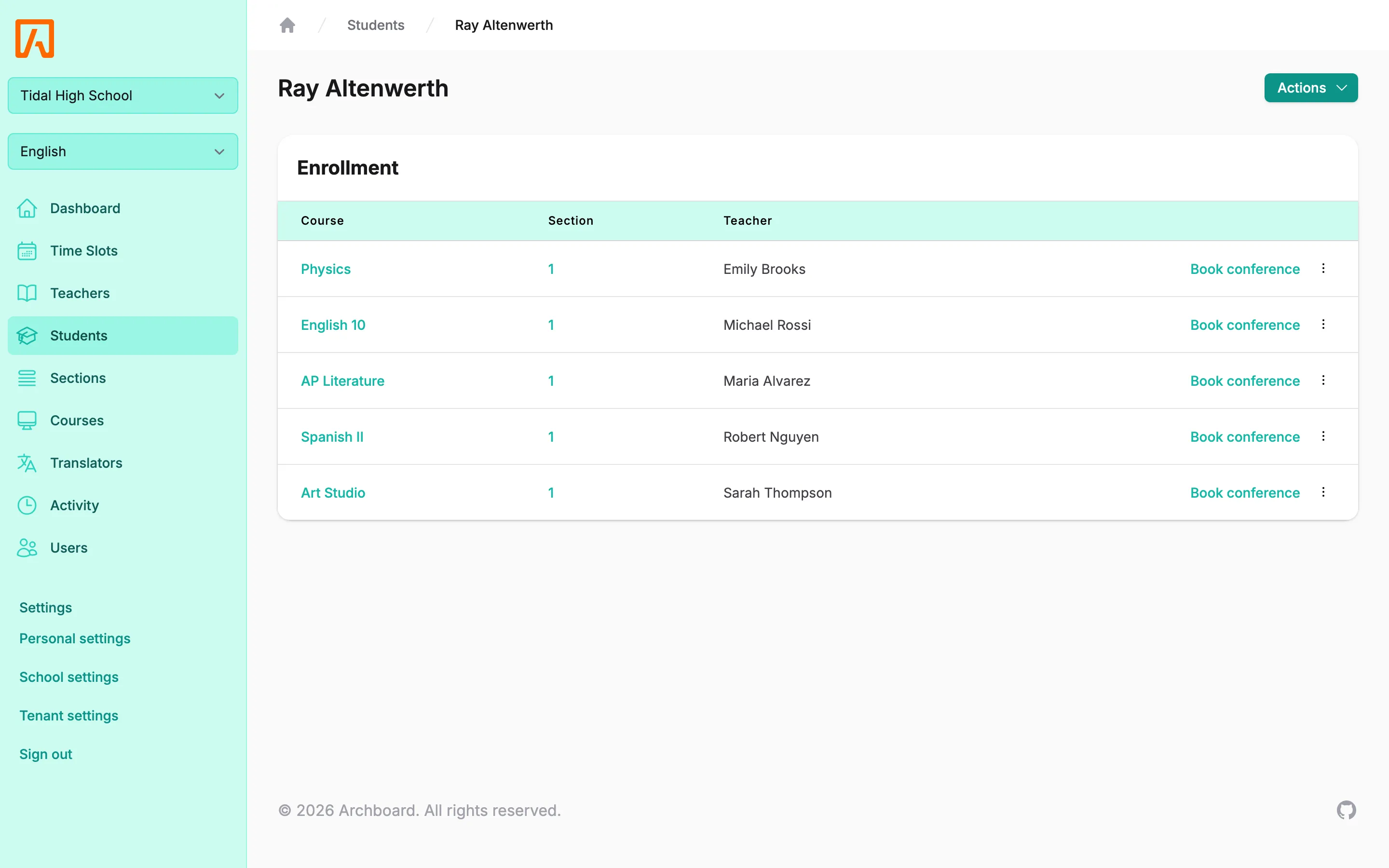 A student's enrollment table with course, section and teacher columns
