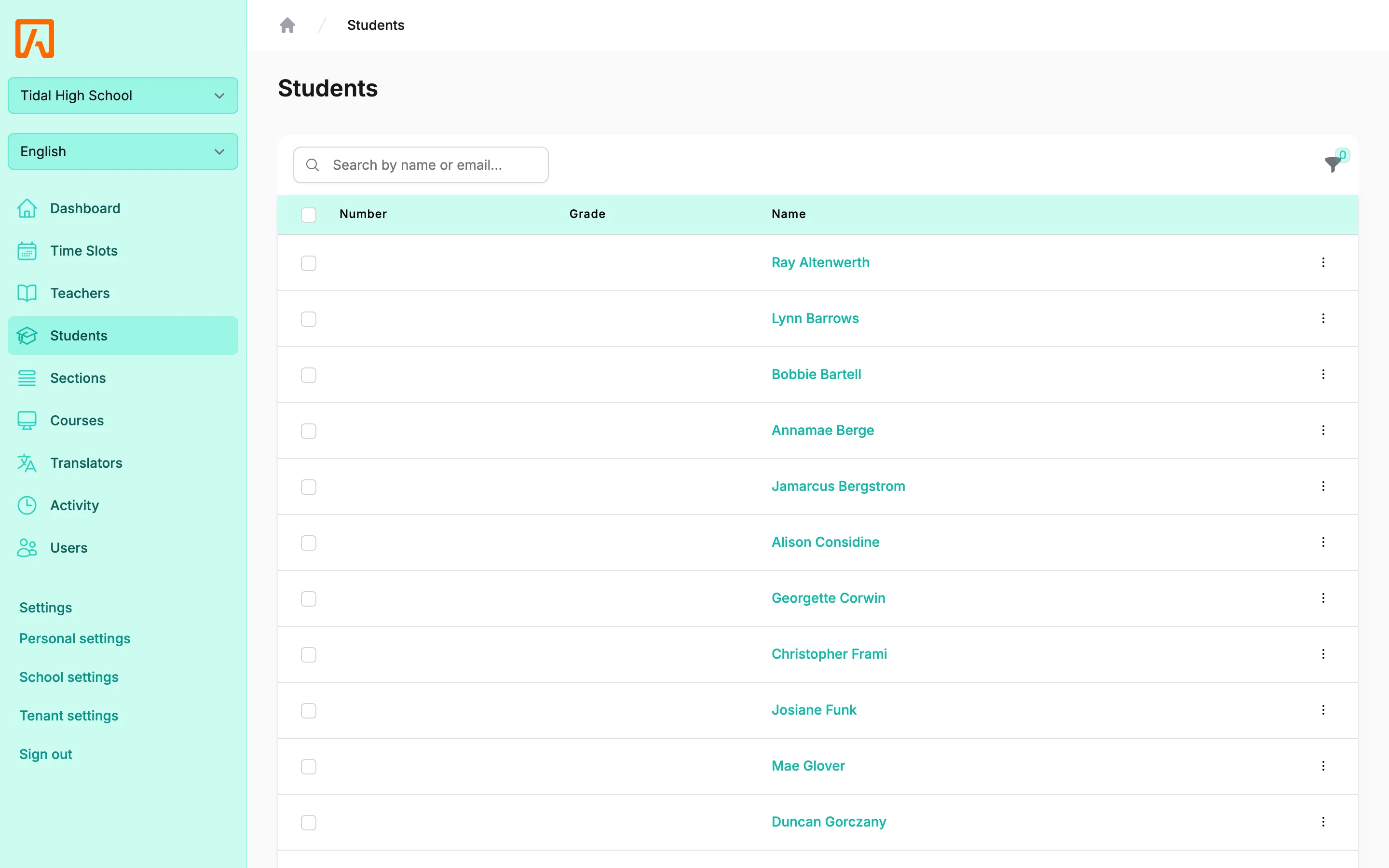 Students list with number, grade and name columns