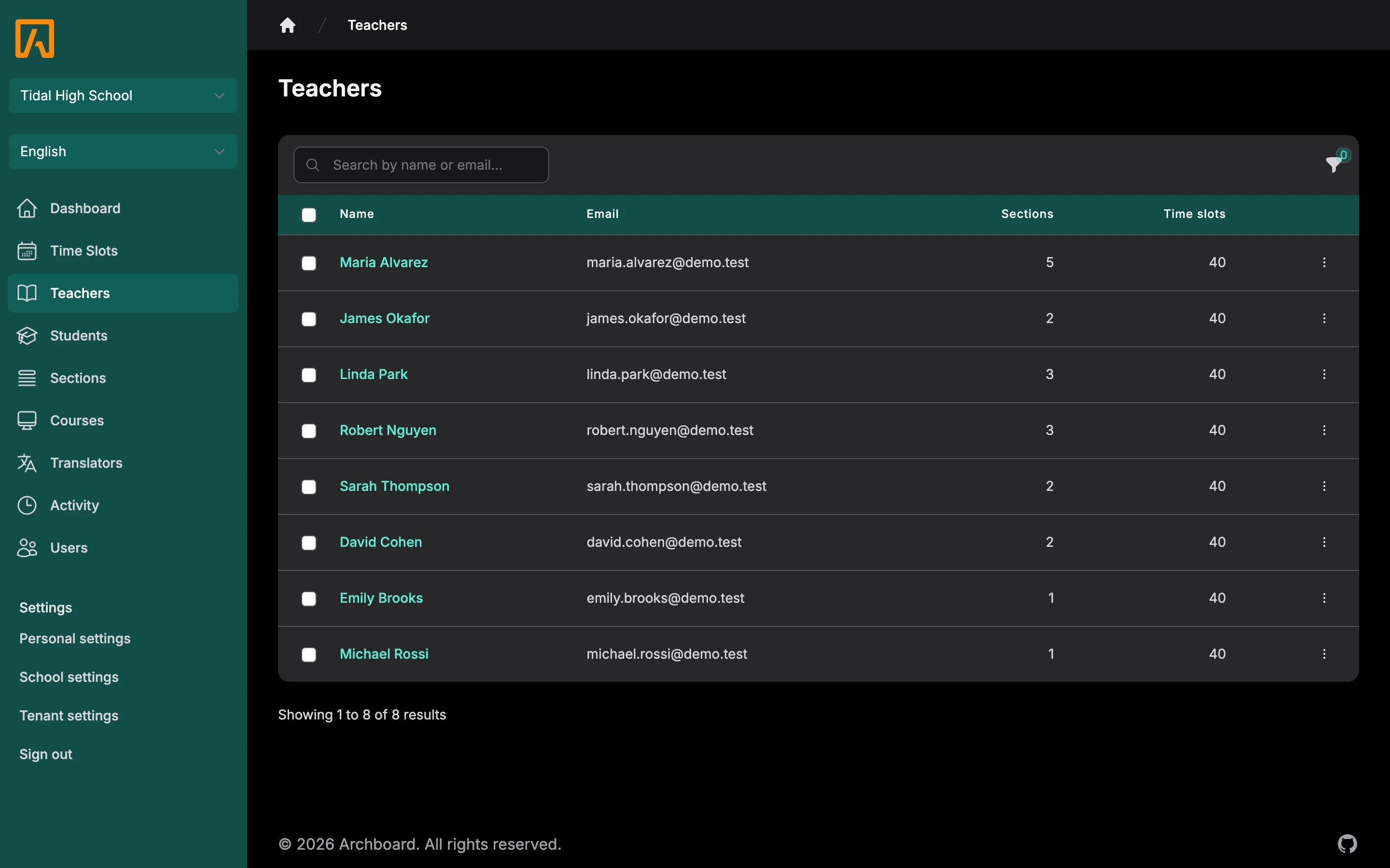 Teachers list with checkboxes, section counts and upcoming time slot counts