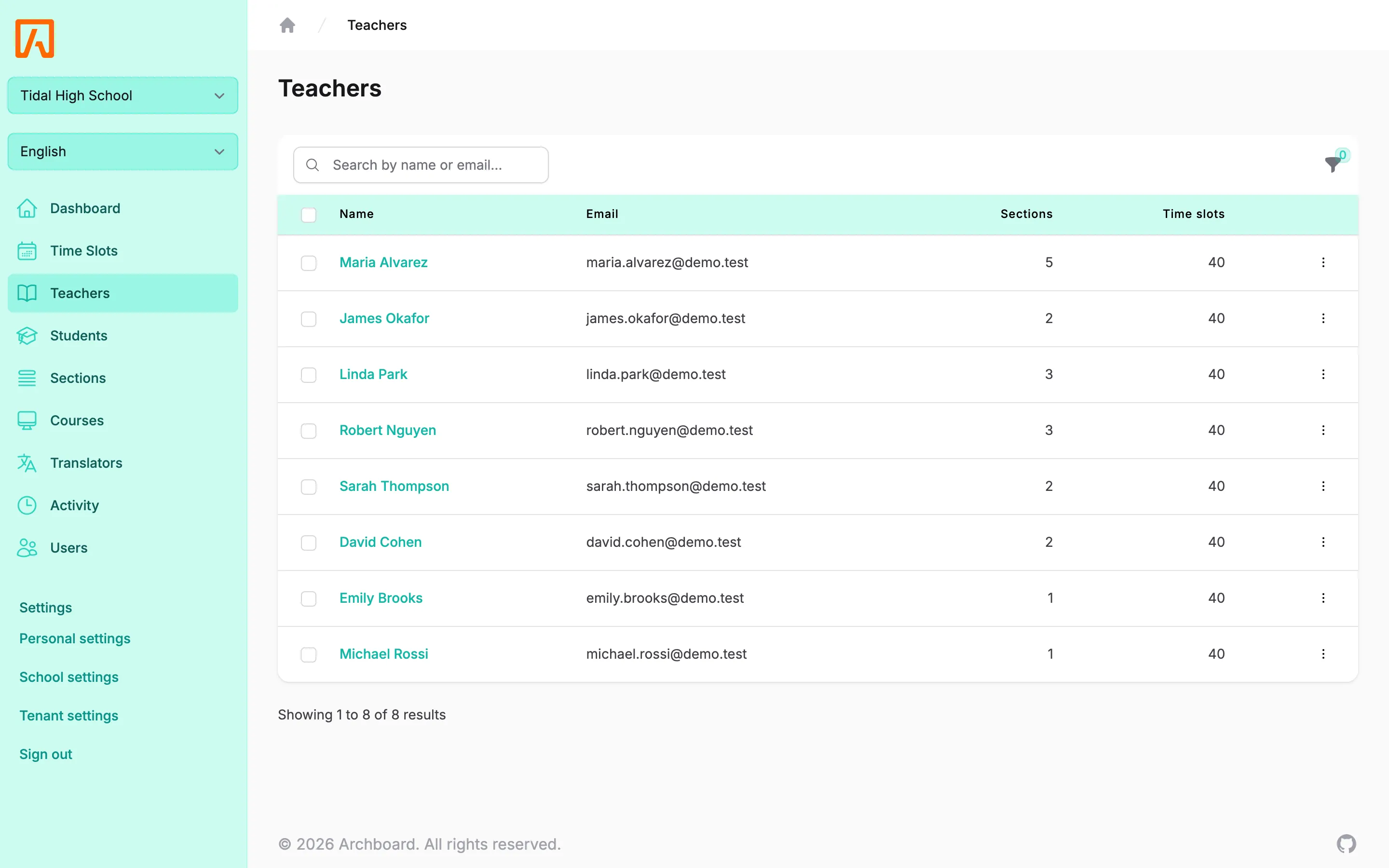 Teachers list with checkboxes, section counts and upcoming time slot counts