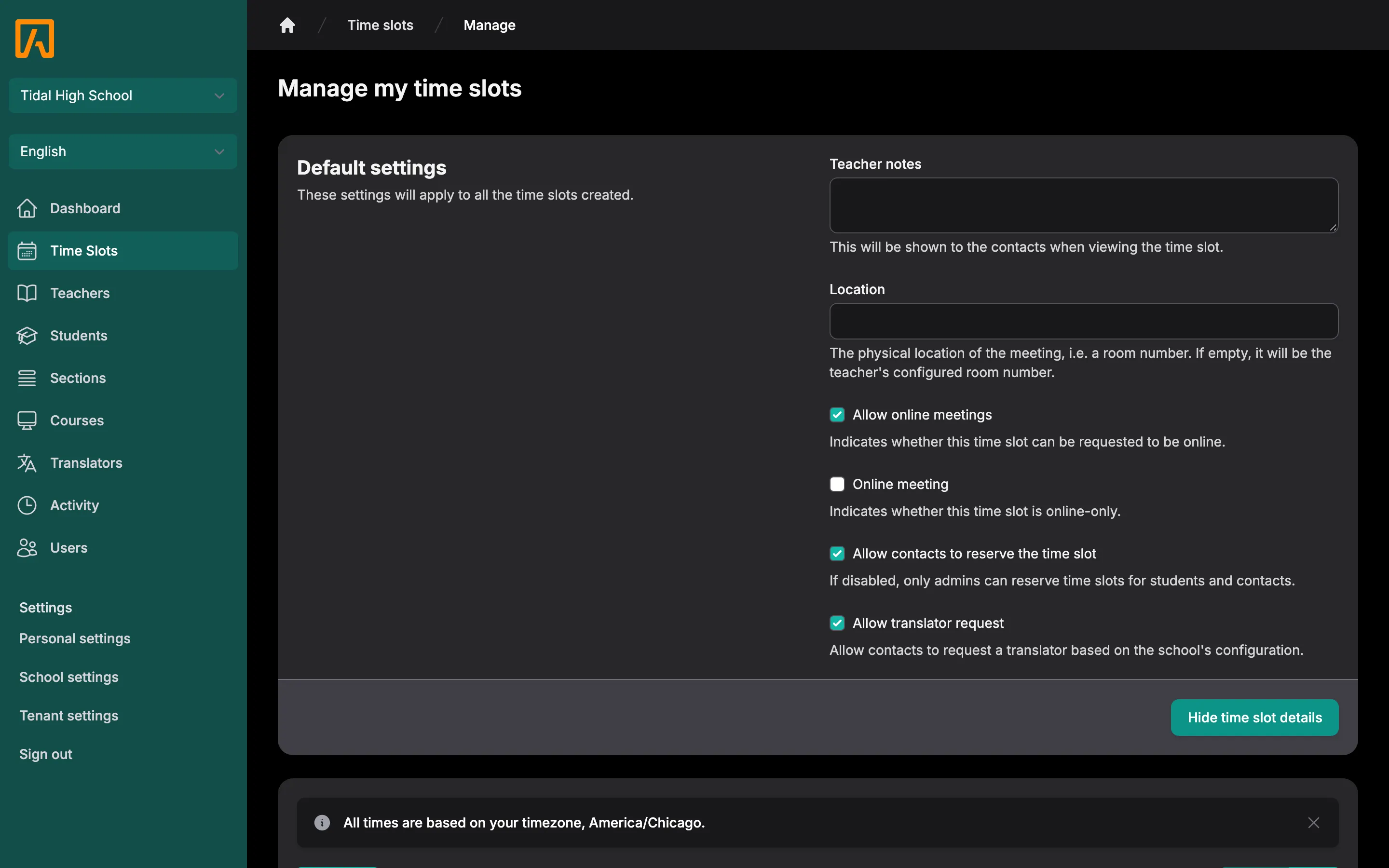 Manage time slots page with the Default settings card above a week calendar