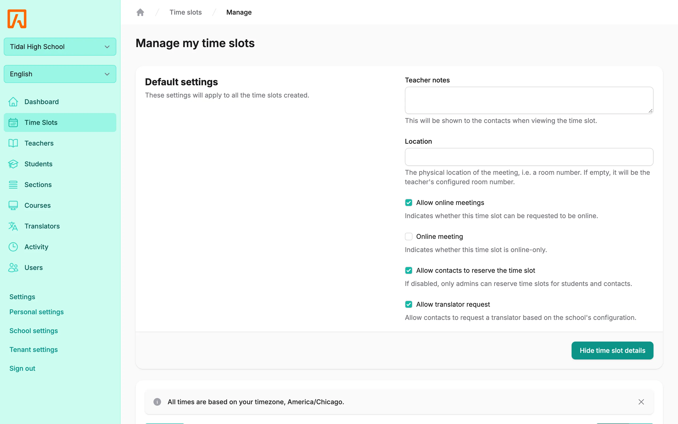 Manage time slots page with the Default settings card above a week calendar