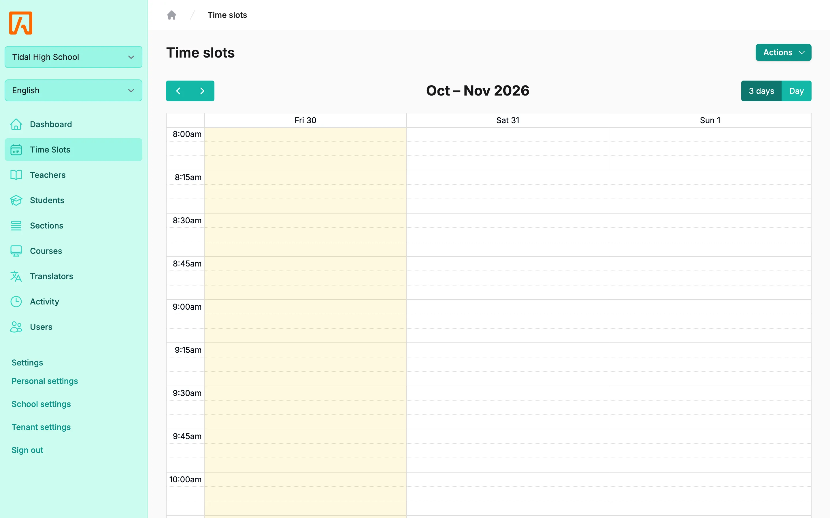 Time slots calendar in week view with the actions menu open