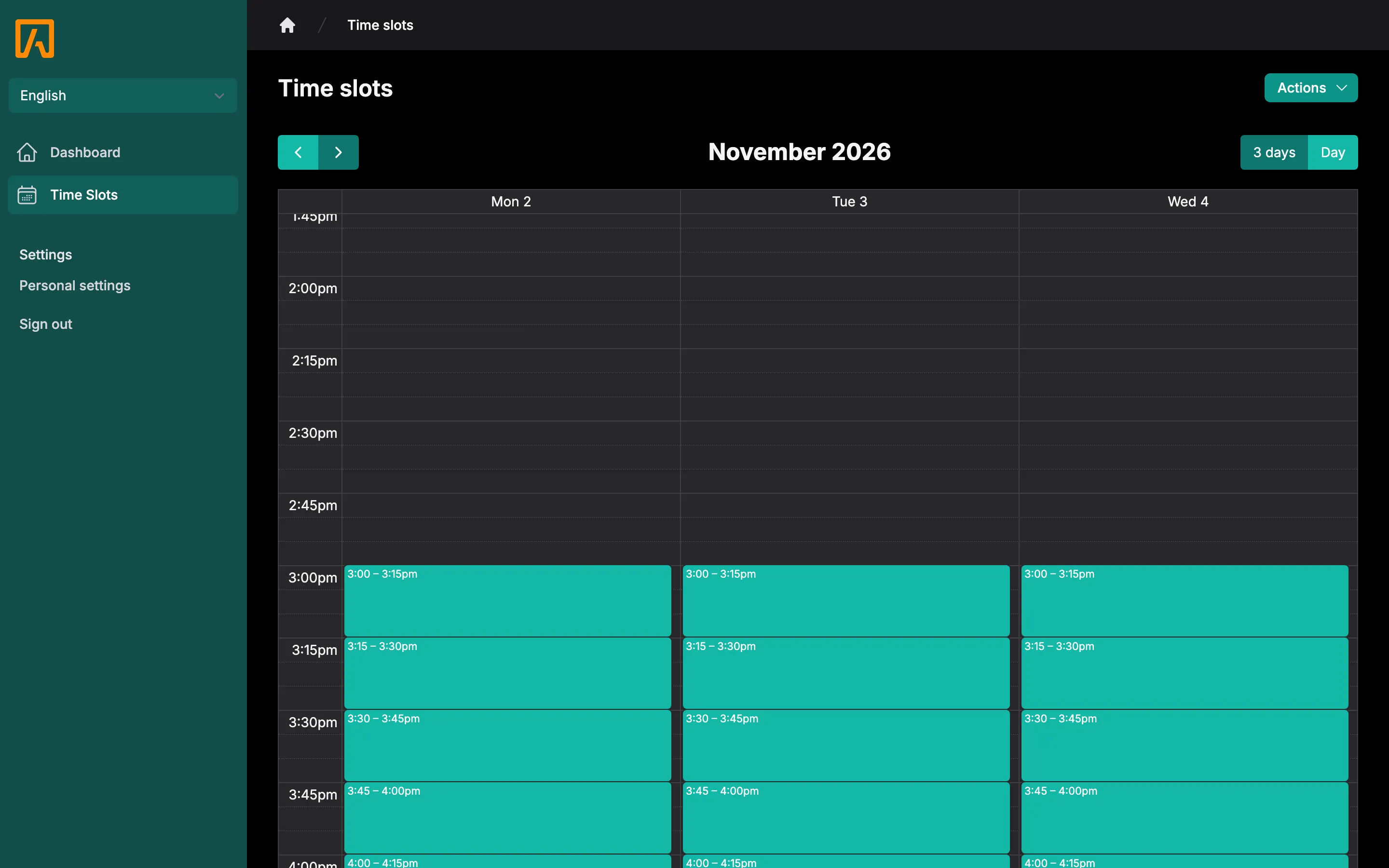 The teacher's Time slots calendar showing open and booked conference slots