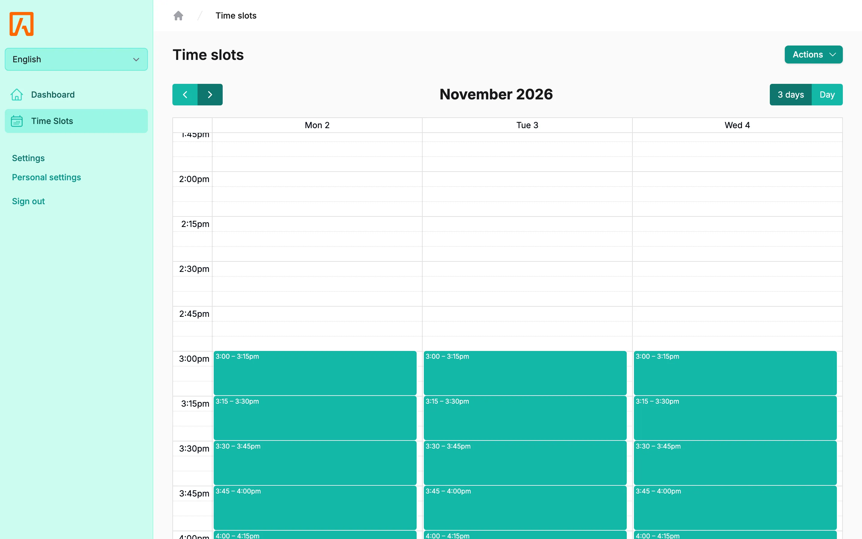 The teacher's Time slots calendar showing open and booked conference slots
