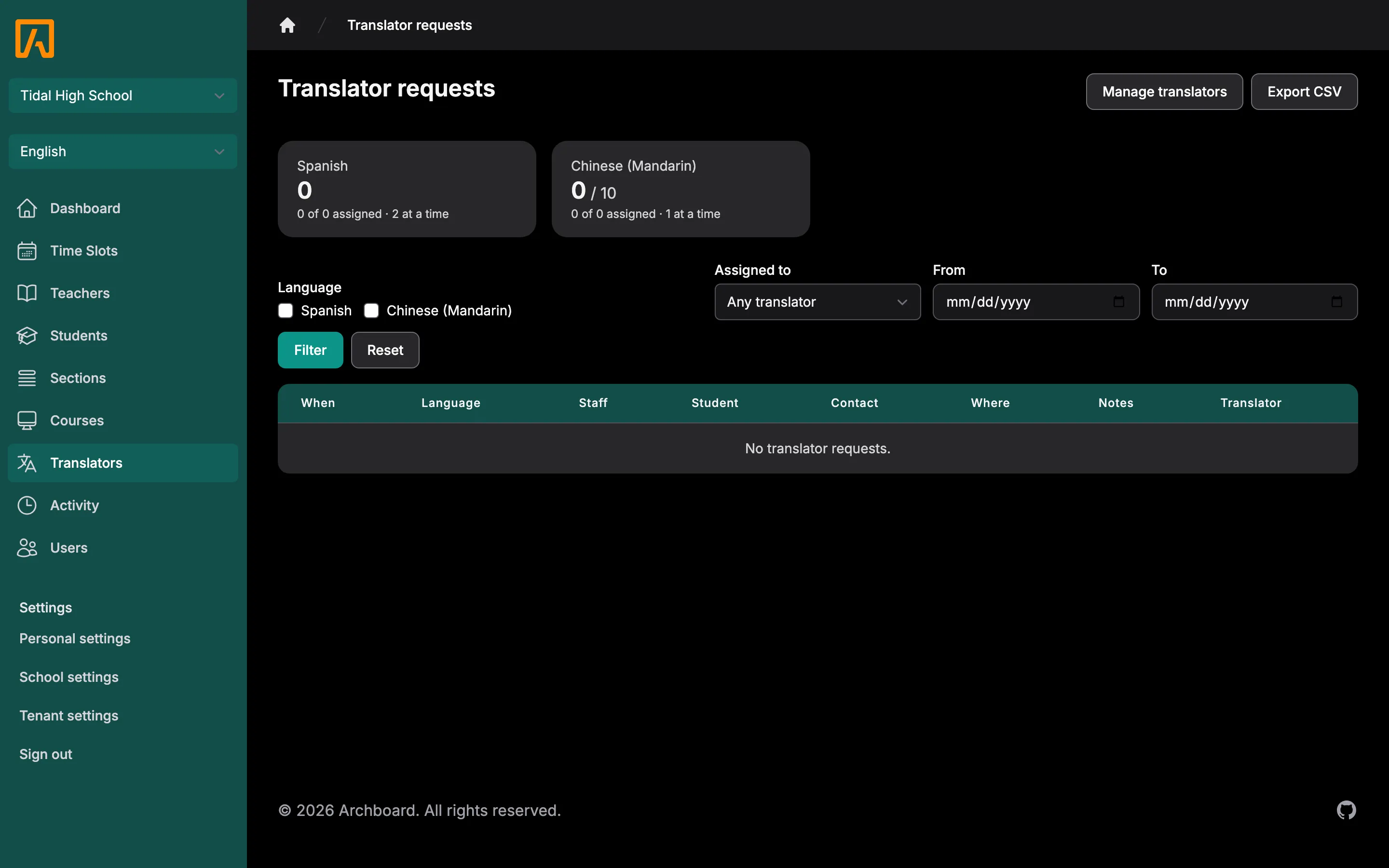 Translator requests page with per-language capacity cards, filters and a table of requests