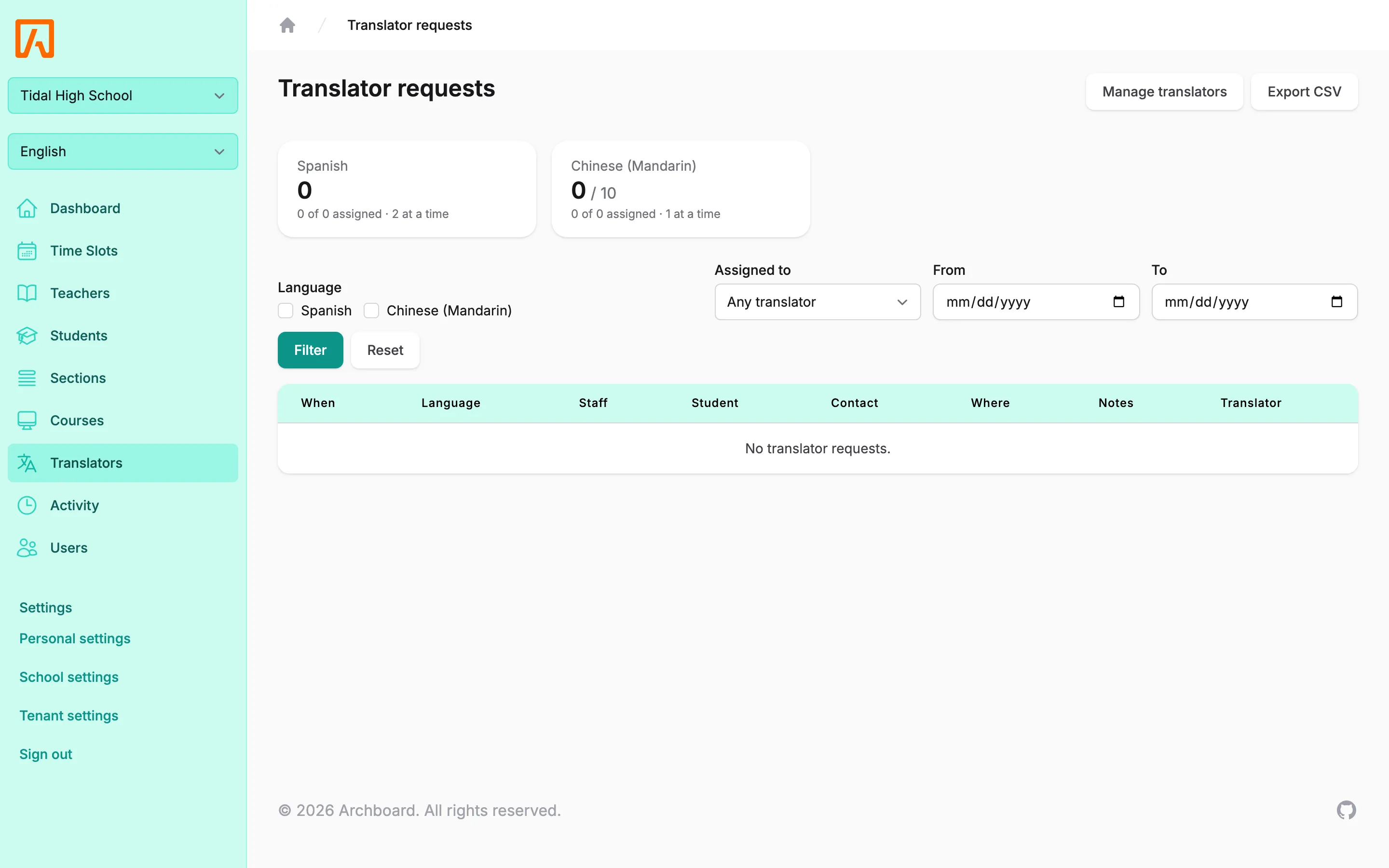 Translator requests page with per-language capacity cards, filters and a table of requests