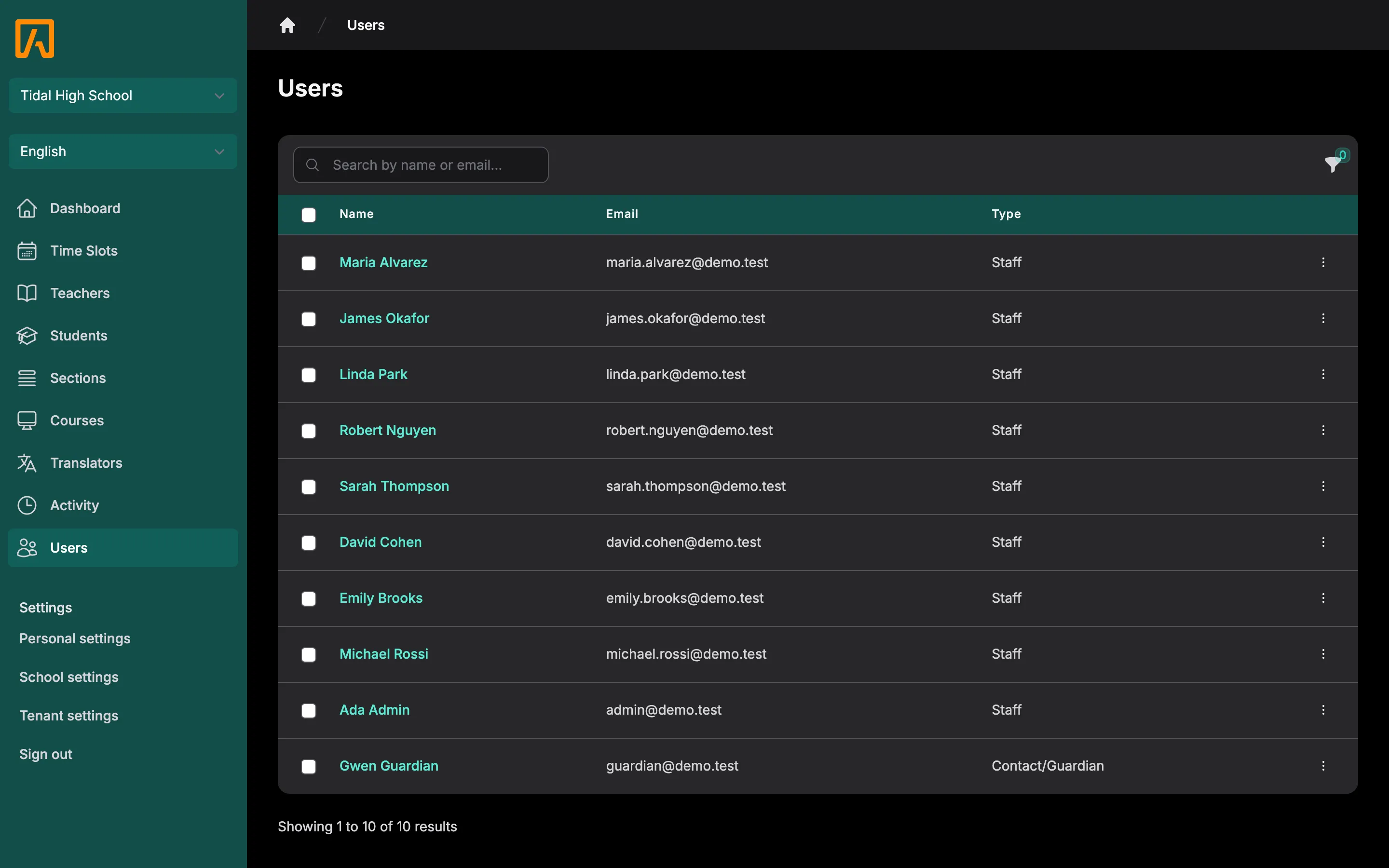 Users list with name, email and type columns and a filter bar