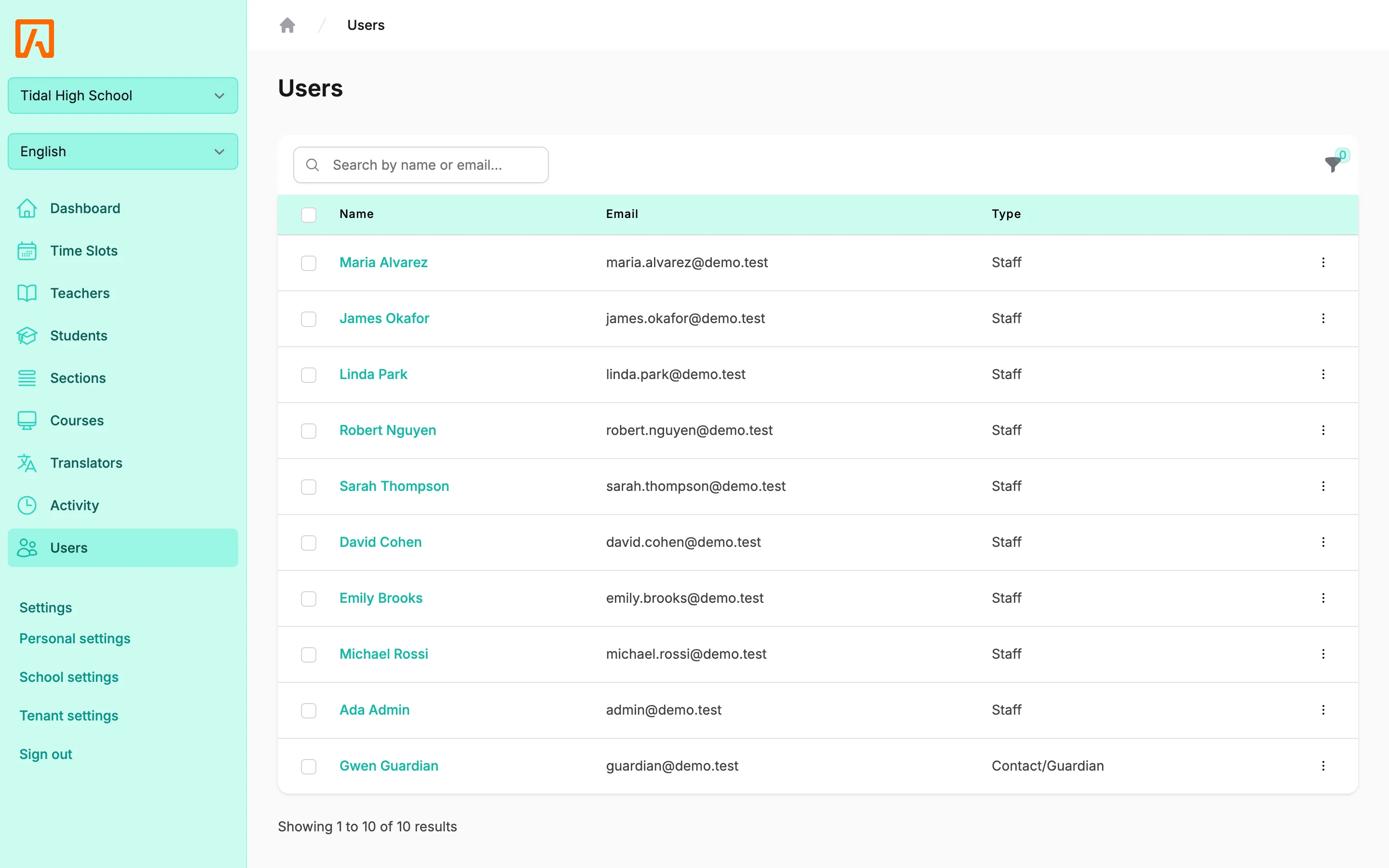 Users list with name, email and type columns and a filter bar
